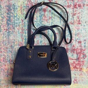 Michael Kors Dark Blue Satchel with Gold Accents